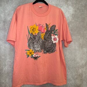 Vintage 1994 LSJ Cotton‎ Grove Bunny Rabbit Floral Tee Size XL Coral Made in USA